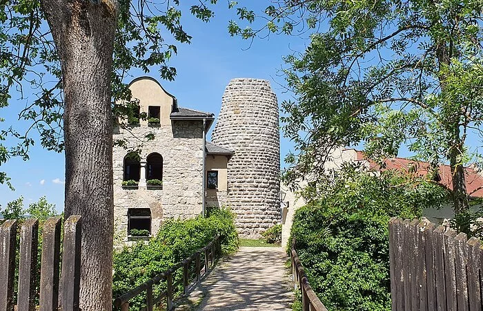 Der Eingang zur Burg Altmannstein ist mit einem Holzgeländer eingesäumt. Der weitere Weg ist mit Bäumen und Sträuchern auf beiden Seiten bepflanzt. Es ist der Turm und rechts ein Teil des Wohngebäudes zu erkennen.