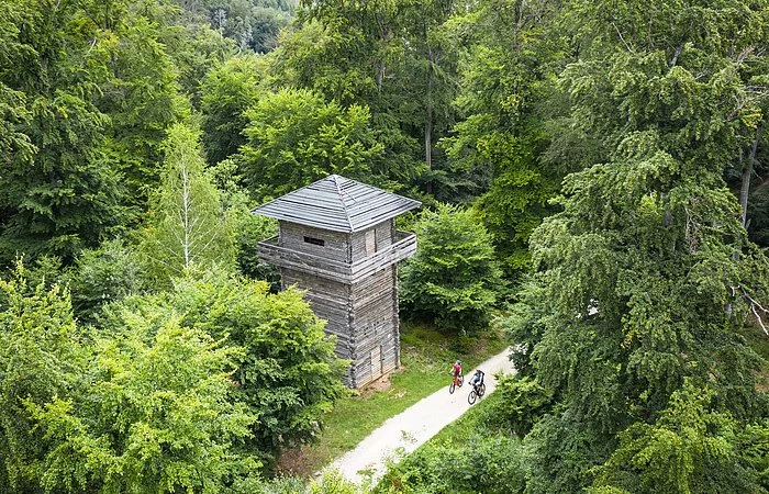 Der Limesturm aus Holz inmitten eines Waldes, der hellgrün leuchtet. Der Limesradweg läuft direkt am Turm vorbei. Hier sind zwei Radler auszumachen.