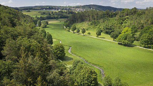 Tal mit grünem Gras, Bäumen, kleinem Bach und Dorf im Hintergrund unter blauem Himmel