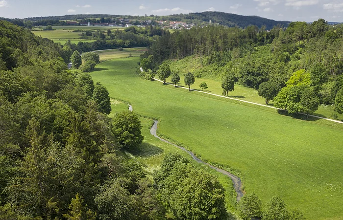 Tal mit grünem Gras, Bäumen, kleinem Bach und Dorf im Hintergrund unter blauem Himmel