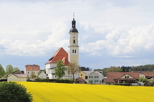 Wallfahrtskirche St. Salvator Bettbrunn Dorf mit Kirche, Häusern und gelbem Rapsfeld unter bewölktem Himmel.